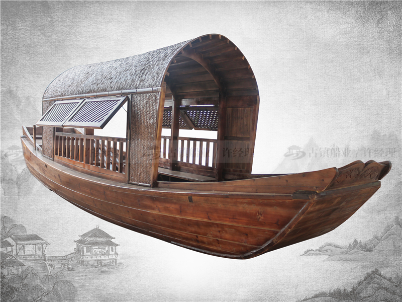 新款定制开窗乌篷船_6米水上喝茶休闲木船